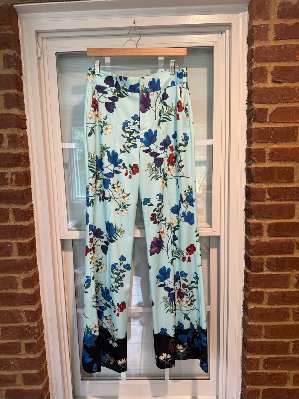 Alice + Olivia Dylan High Waisted Aqua Wide-Leg Pants in “Beautiful Bloom” - Picture 3 of 8